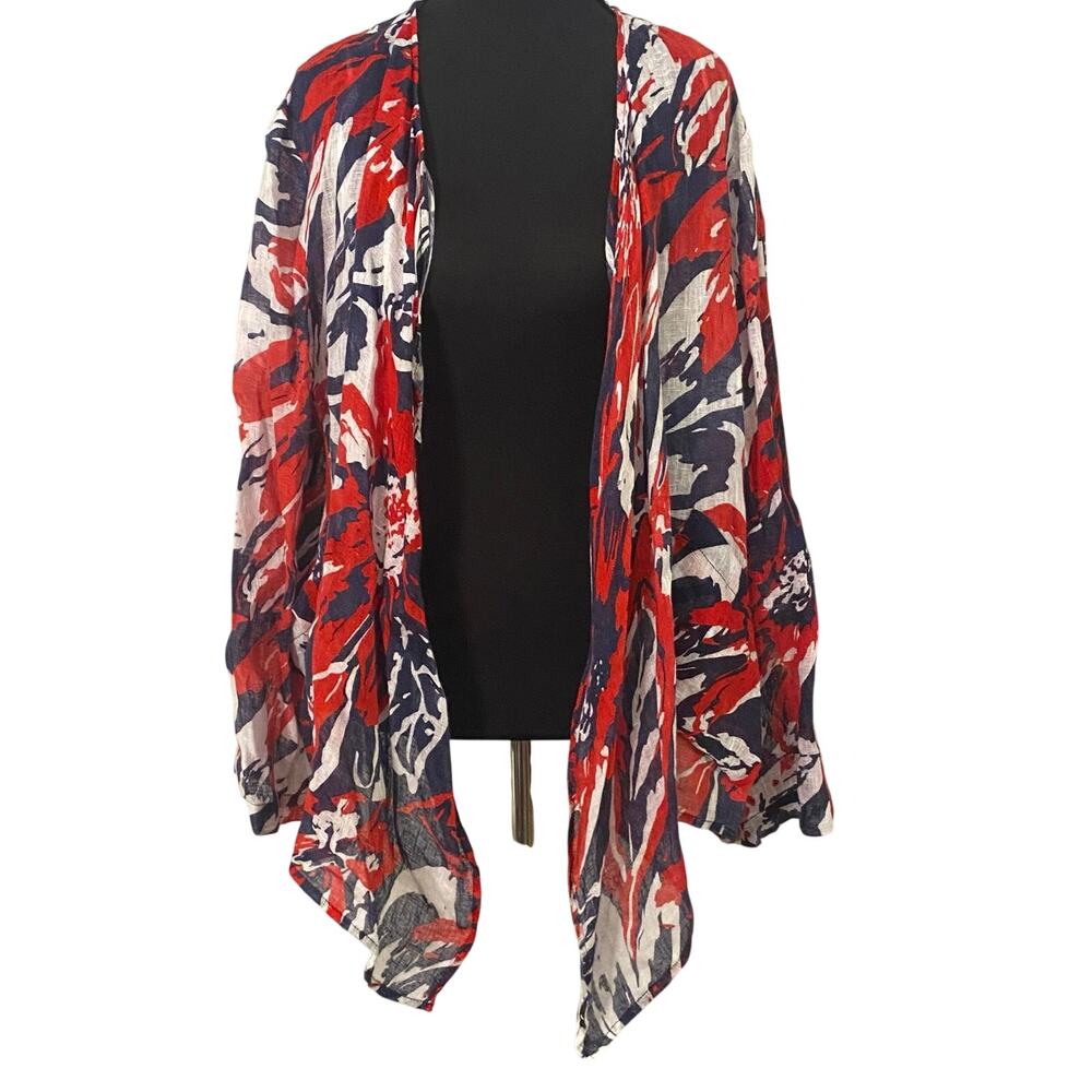 Jones New York 100% Linen Floral Open Front Cardigan Red Navy White Sz LG Layer